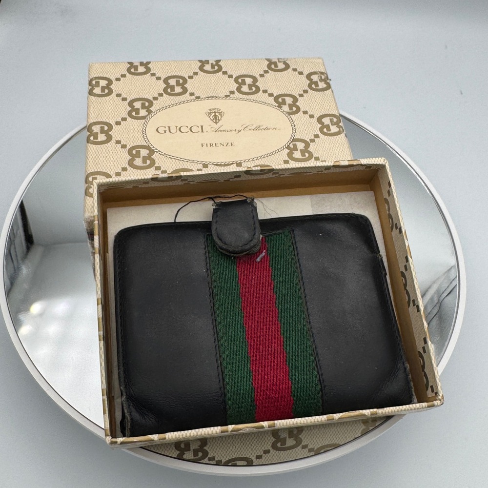 Vintage Gucci Accessory Collection Web Stripe Black Leather Wallet As Is Box